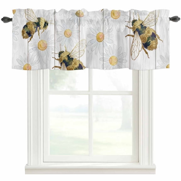 Bees Inset Valances for Windows Daisy Watercolor Floral White Wood Grain Striped Rod Pocket Curtain Valance Window Treatment Short Curtains for Kitchen Living Room, 42"x12"