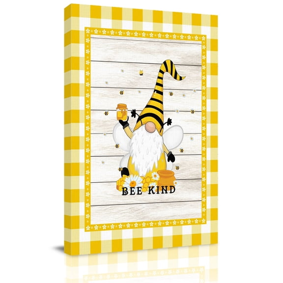 Bees Kind Gnome Canvas Wall Art for Living Room, Honey White Wood Grain Yellow Plaid Farm Wall Decor Framed Artwork Pictures Ready to Hang for Bedroom Office Home Decor