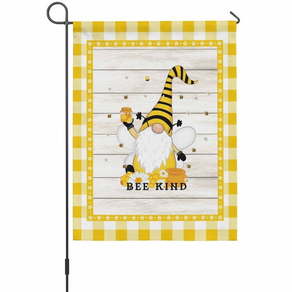 Bees Kind Gnome Garden Flag 12 x 18 Inches, Honey White Wood Grain Yellow Plaid Farm Weather Proof Outdoor Patio Flags Double Sided Small Garden Decoration for Yard Outside Home