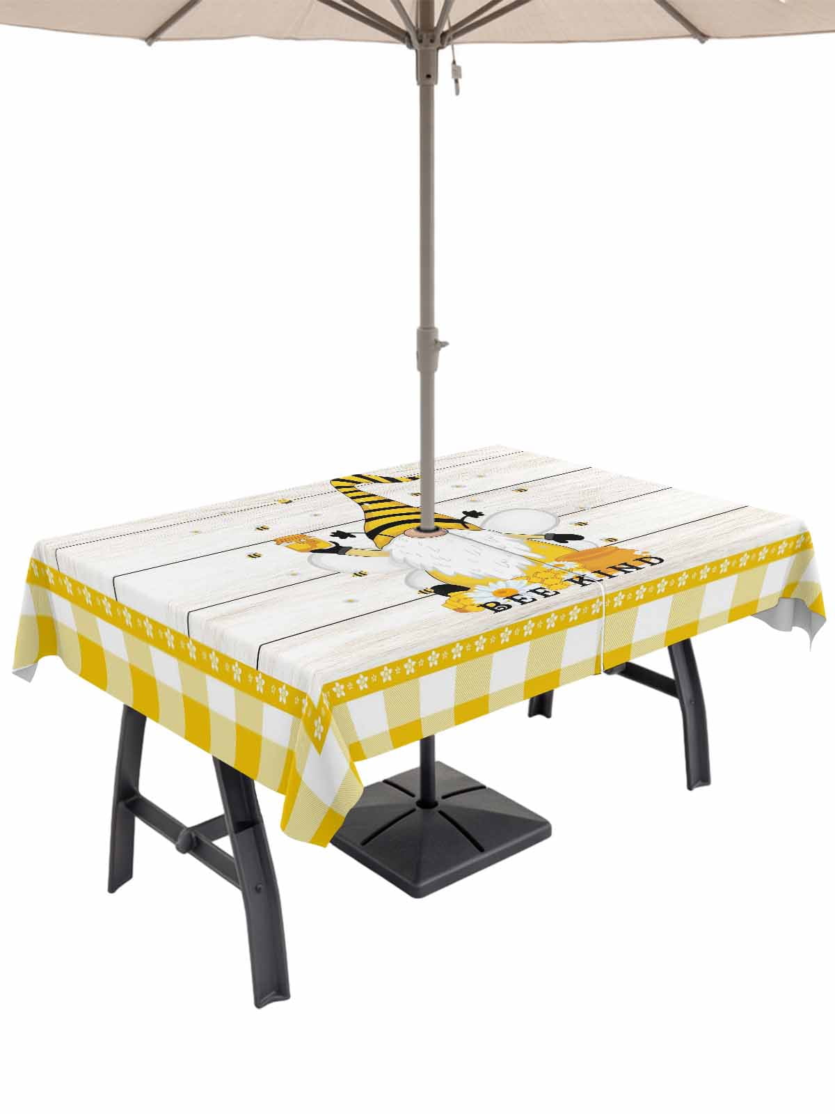Bees Kind Gnome Rectangle Outdoor Tablecloth with Umbrella Hole Honey ...
