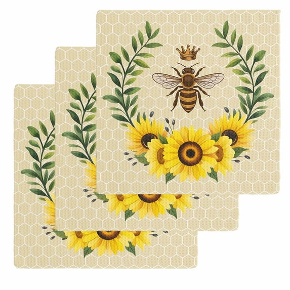Bees Kitchen Dish Towels for Drying Dishes Set of 3, Sunflowers Summer Watercolor Floral Leaf Palnt Honey Waffle Weave Microfiber Hand Tea Bathroom Towels Quick Dry & Absorbent Towel 12x12