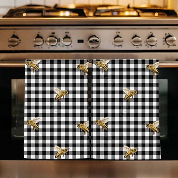 Bees Kitchen Towels Set of 1, Spring Summer Modern Animals Black Plaid Checkered Absorbent Dish Towels for Kitchen, Microfiber Hand Towel, Quick Drying Tea Towel for Cleaning Decorative Dishcloths