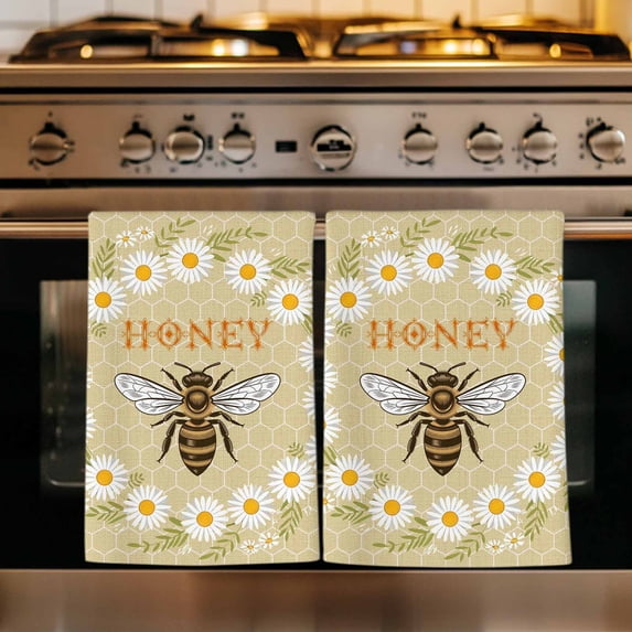 Bees Kitchen Towels Set of 3, Daisy Flowers Spring Summer Honey Floral Leaf Plant Absorbent Dish Towels for Kitchen, Microfiber Hand Towel, Quick Drying Tea Towel for Cleaning Decorative Dishcloths