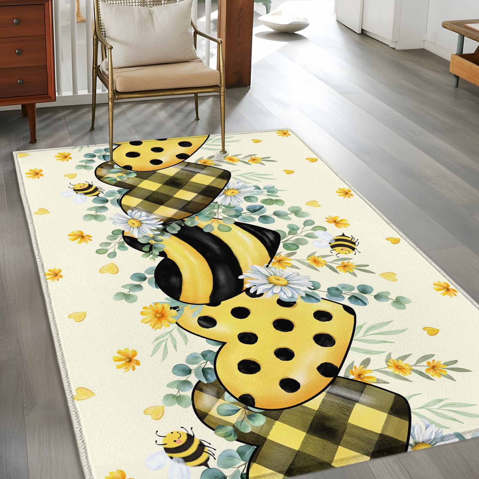 Bee Yellow Rug Bees Loves 3x5 Rug for Bedroom Foot of Bed Small Living Room, Vintage ...