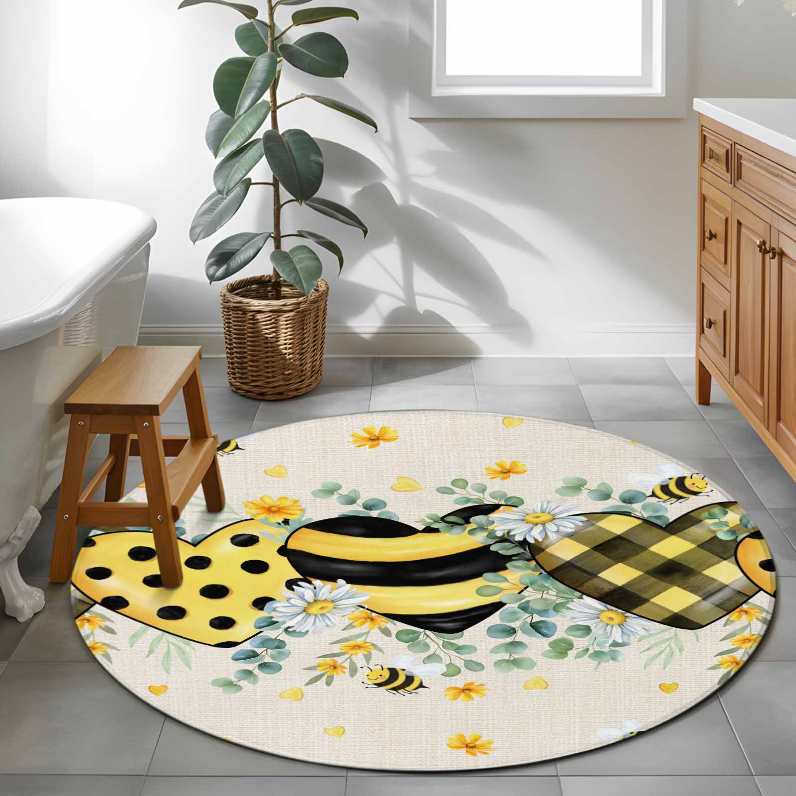 Bee Yellow Rug Bees Loves 4ft Round Rug for Cozy Reading Nook Home Office Chair Area ...