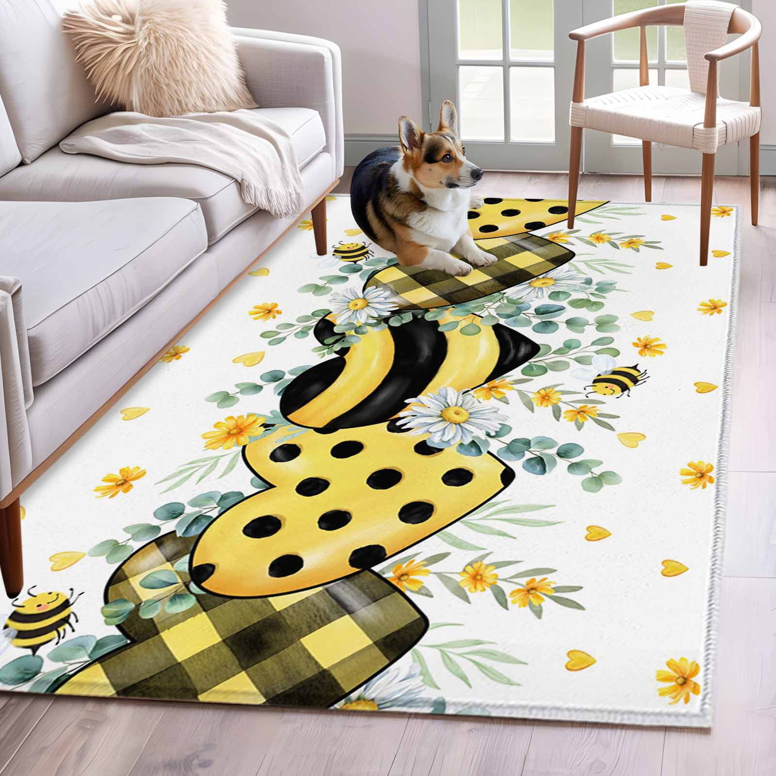Bees Loves Area Rugs 4x6 ft Vintage Country Yellow Bee Plaid Dot Love ...