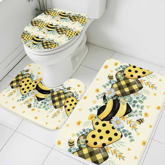 Bees Loves Bathroom Rugs Set Vintage Country Yellow Bee Plaid Dot Love Floral Yellow Non Slip Absorbent Soft Bath Mats 3 Piece Set with Bathroom Rug, U-Shaped Floor Mat, Toilet Seat Cover Small Size
