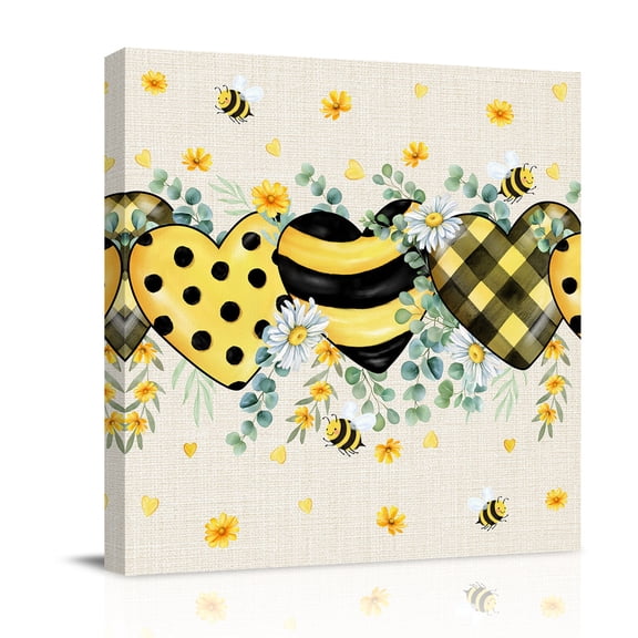 Bees Loves Canvas Wall Art for Living Room, Vintage Country Yellow Bee Plaid Dot Love Floral Linen Texture Poster Print Painting for Bedroom Office Home Decoration Wall Pictures Prepare To Hang 8"x8"