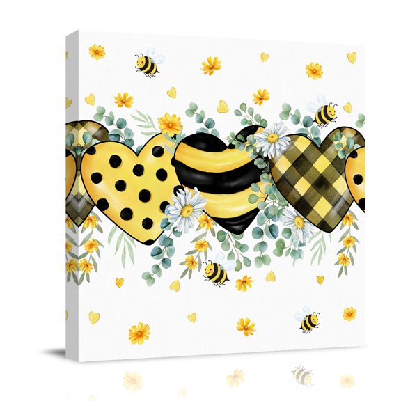 Bees Loves Canvas Wall Art for Living Room, Vintage Country Yellow Bee Plaid Dot Love Floral Poster Print Painting for Bedroom Office Home Decoration Wall Pictures Prepare To Hang 8"x8"