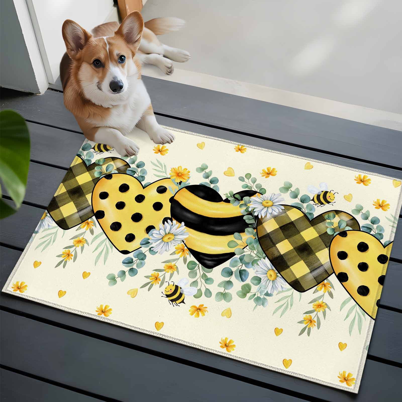 Bee Yellow Rug Bees Loves Front Door Rugs 2x3 ft Vintage Country Yellow Bee Plaid Dot ...
