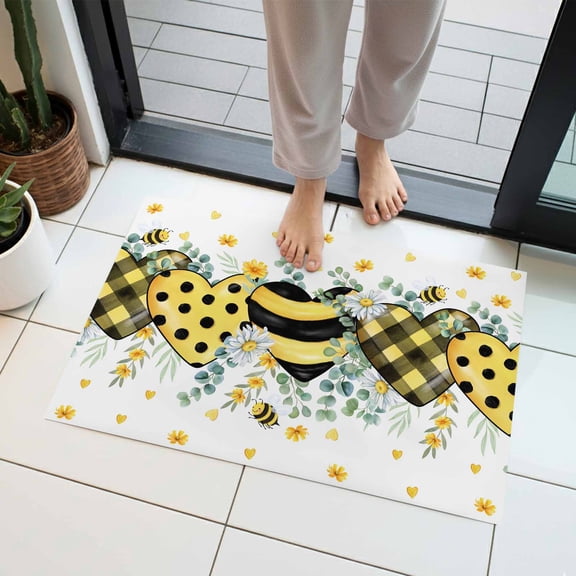 Bees Loves Indoor Door Mat 18x30 Inch Vintage Country Yellow Bee Plaid Dot Love Floral Front Door Mat Non Slip Washable Entryway Rug Low Profile Dirt Trapper Doormat for Bathroom Kitchen Bedroom