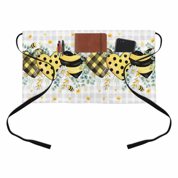 Bees Loves Kitchen Restaurant Half Waist Apron, Vintage Country Yellow Bee Plaid Dot Love Floral Grey Plaid Server Short Apron with 3 Pockets Waterproof Oil Waist Aprons for Women Waitress Waiter