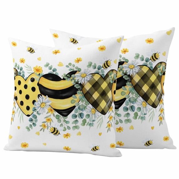 Bees Loves Outdoor Pillow Covers Pack of 2 Vintage Country Yellow Bee Plaid Dot Love Floral Waterproof Throw Pillow Covers Decorative Cushion Cases for Patio Garden Tent Balcony Couch 18x18 inch