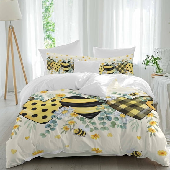 Bees Loves Queen Size Comforter Set, Vintage Country Yellow Bee Plaid Dot Love Floral Yellow Bedding for All Seasons, 4 Pcs Bed Set, 1Quiltcover (90"x92") ,1Sheet(94"x116"), 2Pillowcases (30"x20")