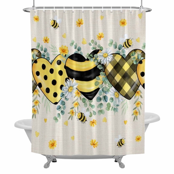 Bees Loves Shower Curtain for Bathroom, Vintage Country Yellow Bee Plaid Dot Love Floral Linen Texture Waterproof Cloth Fabric Bathroom Accessories Set with 12 Rust Proof Plastic Hooks, 72"x72"