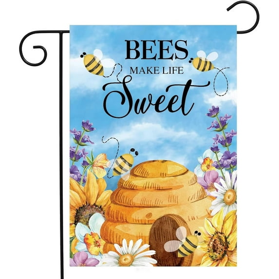Bees Make Life Sweet Spring Flowers Daisy Sunflower Bees House Summer Seasonal Garden Yard Flag 12"x 18" Double Sided Polyester Welcome House Flag Banners for Patio Lawn Outdoor Home Decor