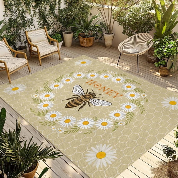 Bees Outdoor Rug for Patio/Deck/Porch, Non-Slip Large Area Rug 3 x 5 Ft, Daisy Flowers Spring Summer Honey Floral Leaf Plant Indoor Outdoor Rugs Washable Area Rugs, Camping Rug Carpet Runner