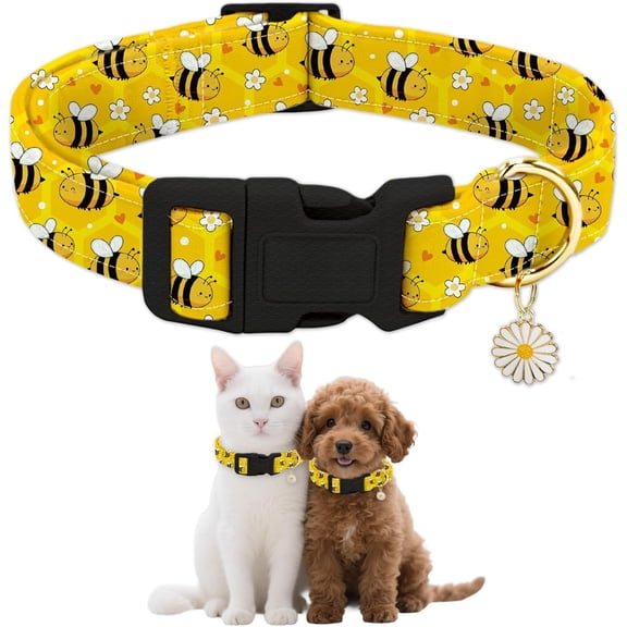 Bees Patterned Dog Collar for Daily Pets Flowers Puppy Collars Yellow Adjustable Soft Pet Scarf with Quick Release Buckle