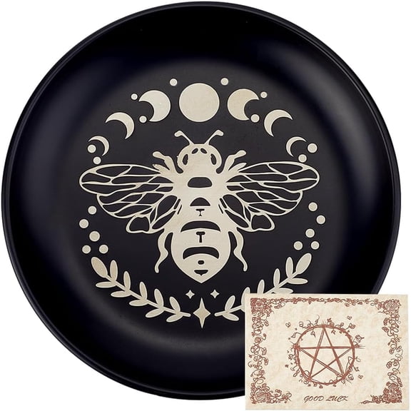 Bees Phase Moon Ritual Plate Flat Bowl Round Tray Prayer Offering Bowl Dish Candle Holder with Divination Card Jewelry Dish for Smudging Incense Burner Meditation Tarot 5.55Inch DIY