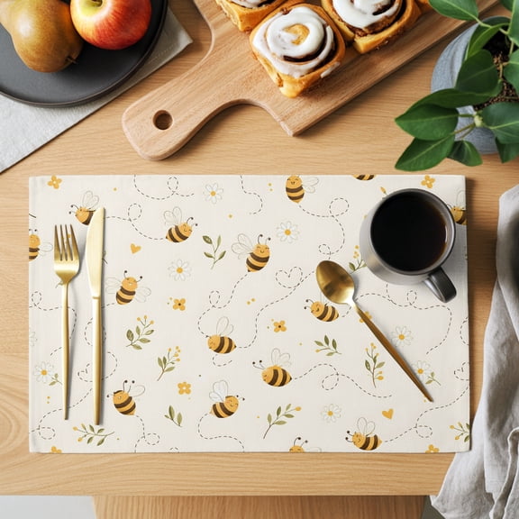 Bees Placemats Set of 1, Minimalist Rustic Yellow Wildflowers Leaves Dotted Lines Non-Slip Place Mats Washable Table Mats for Kitchen Dining Table Decorations Indoor/Outdoor