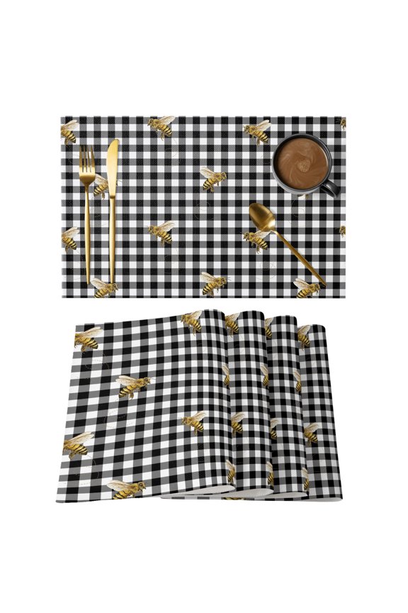 Bees Placemats Set of 4 Spring Summer Modern Animals Black Plaid Checkered Place Mats Indoor Wipeable Table Mats Washable Cloth Dining Table Placemats for Kitchen Holiday Party Home Decor 13x19 Inch