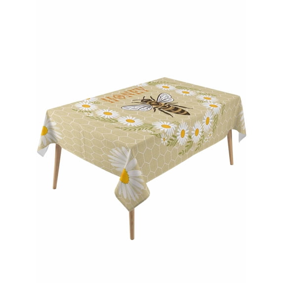 Bees Rectangle Tablecloth, Daisy Flowers Spring Summer Honey Floral Leaf Plant Waterproof & StainResistant Tablecloth, Washable Oil-proof Table Cover for Dining/Party/Wedding/Camping/Buffet 60x120 In