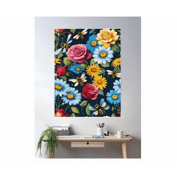 Bees Red Roses Blue Yellow Flowers Black Background Wall Art Home Decor ...