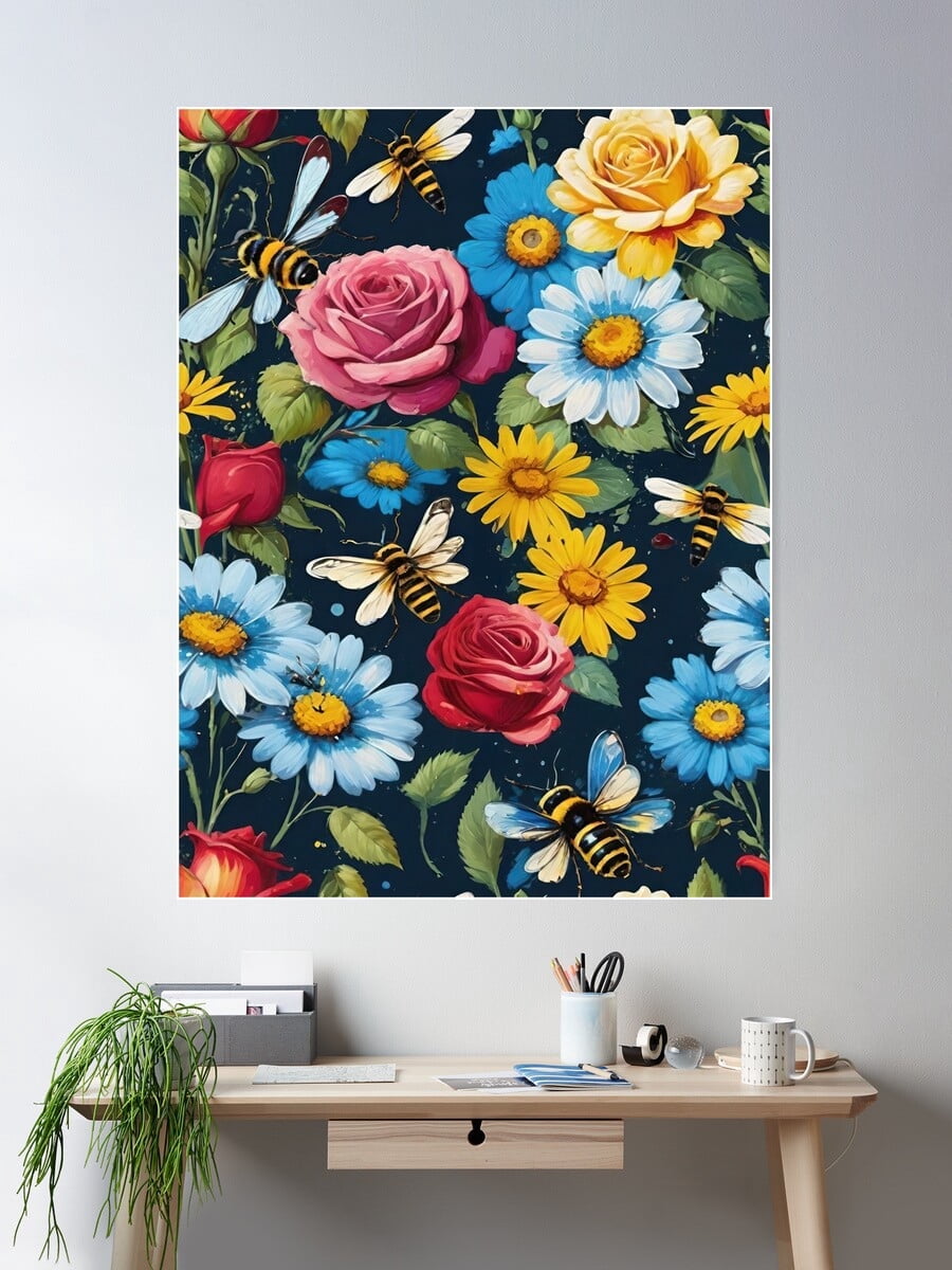 Bees Red Roses Blue Yellow Flowers Black Background Wall Art, Poster ...