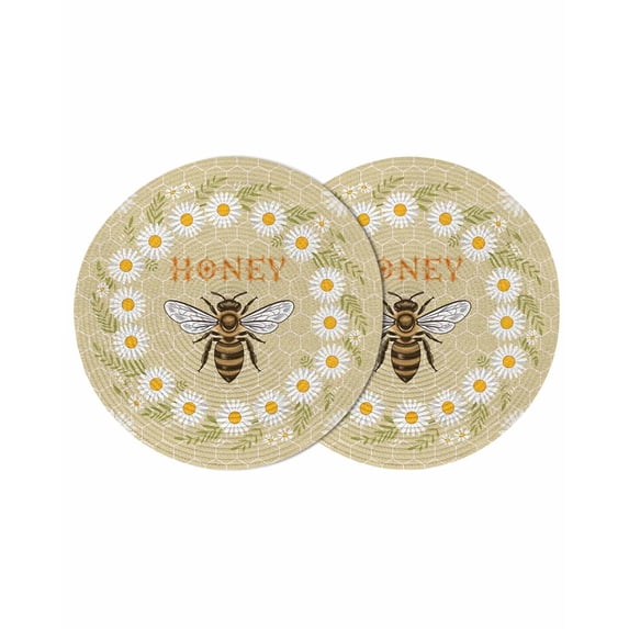 Bees Round 13 Inch Placemats Set of 2, Daisy Flowers Spring Summer Honey Floral Leaf Plant HeatResistant Non Slip Place Mats for Dining Table, Wipeable Braided Kitchen Table Mats for Housewarming
