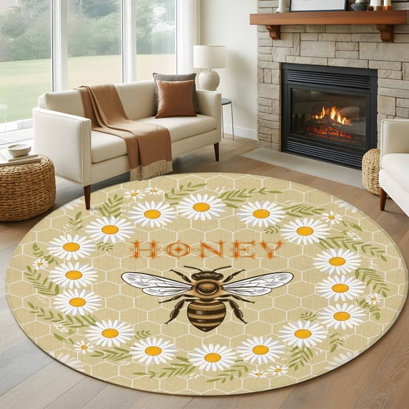 Bees Round Area Rug 7Ft Washable Circle Rugs for Dorm Laundry Room, Daisy Flowers Spring Summer Honey Floral Leaf Plant Non-Slip Carpet Floor Mats Indoor Outdoor Carpet Runner Aesthetic Home Decor