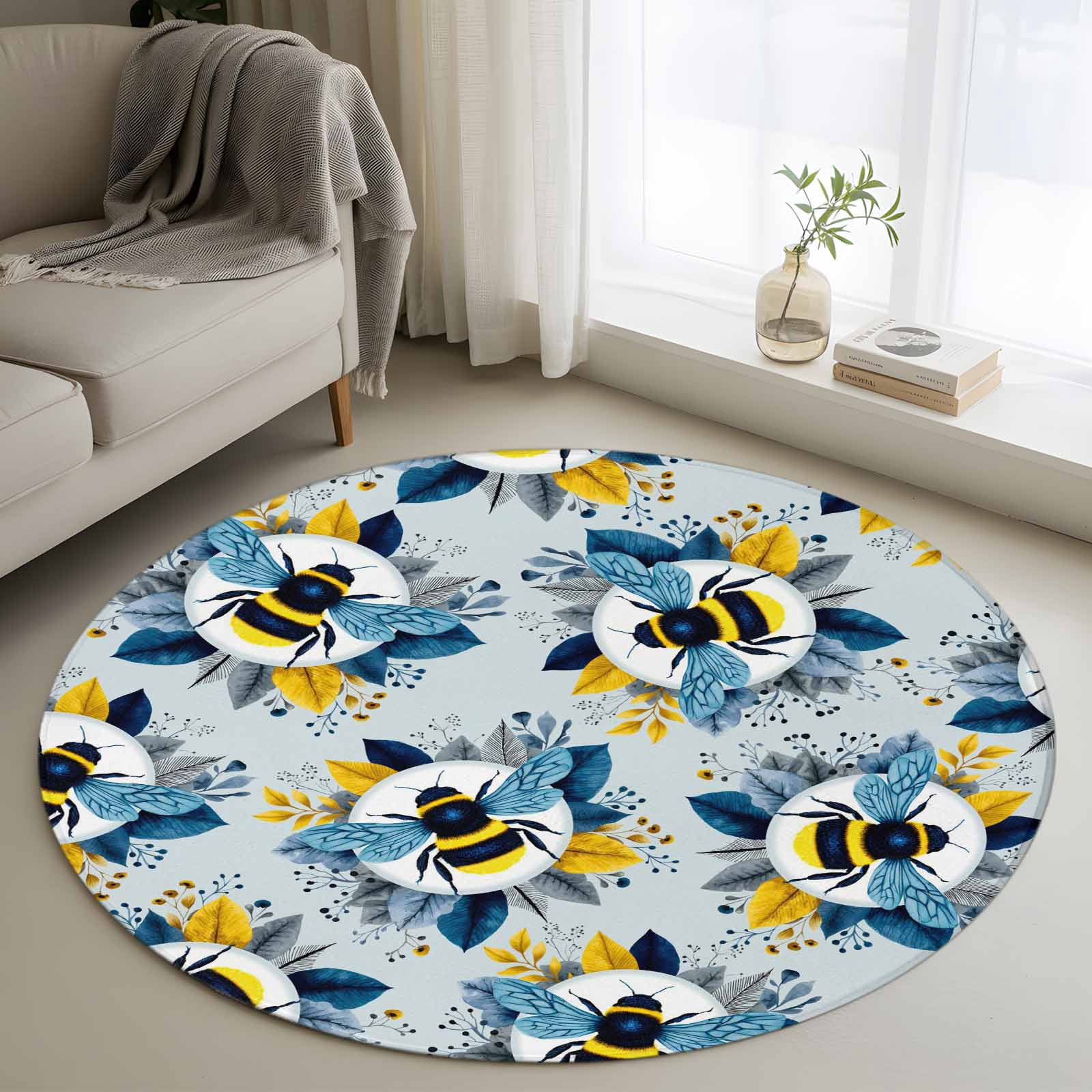 Bee Yellow Rug Bees Round Living Room Rugs 3.3 ft, Yellow Blue Leaves Bee Blue Texture ...