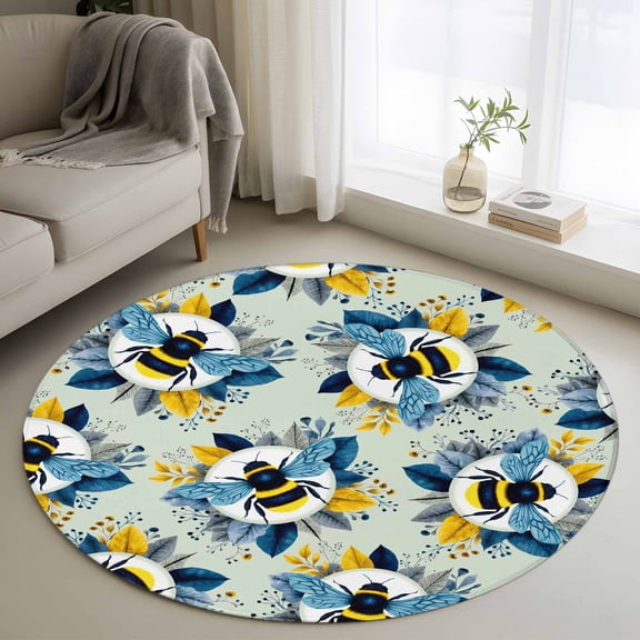 Bees Round Rugs for Living Room 3ft Yellow Blue Leaves Bee Green Texture Non Slip Circle Rug Washable Low-Profile Indoor Carpet for Bedroom, Dining Room, Bathroom