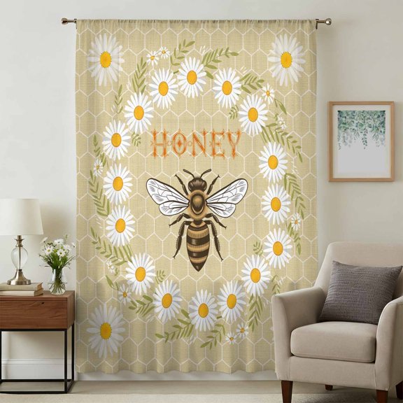 Bees Sheer Curtains 45" Long for Bedroom, Daisy Flowers Spring Summer Honey Floral Leaf Plant Light Filtering Privacy Drapes, Breathable Semi Sheer Short Window Treatment for Kitchen Cafe Bathroom