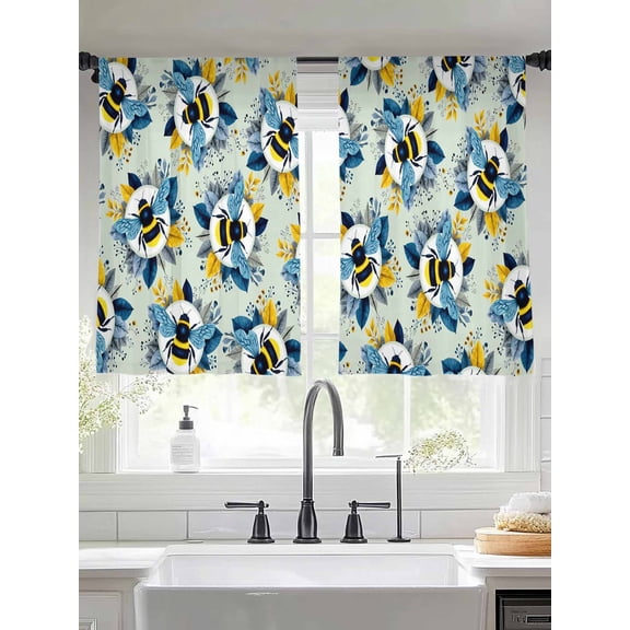 Bees Sheer Curtains 54 inches Long, Yellow Blue Leaves Bee Green Texture Light Filtering Sheer Window Curtains Rod Pocket Voile Drapes for Bedroom Living Room, 2 Panels