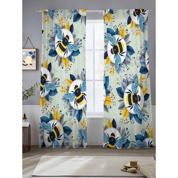Bees Sheer Curtains 84 inches Long, Yellow Blue Leaves Bee Green Texture Light Filtering Sheer Window Curtains Rod Pocket Voile Drapes for Bedroom Living Room, 2 Panels