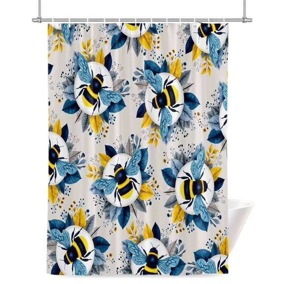 Bees Shower Curtain, 72" x 72", Yellow Blue Leaves Bee Beige Texture Waterproof Bathroom Curtain Washable Shower Curtain Set with 12 Hooks