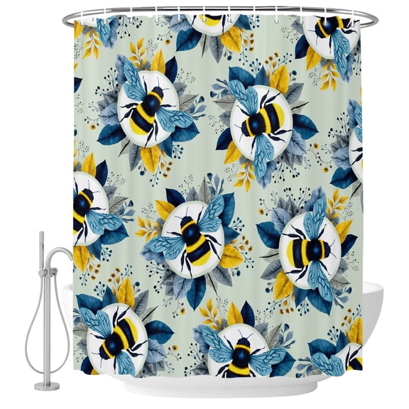 Bees Shower Curtain for Bathroom, Yellow Blue Leaves Bee Green Texture Waterproof Cloth Fabric Bathroom Accessories Set with 9 Rust Proof Plastic Hooks, 36"x72"