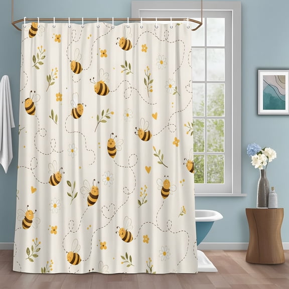 Bees Shower Curtain with Hooks, Minimalist Rustic Yellow Wildflowers Leaves Dotted Lines Water Repellent Shower Curtains for Bathroom Decor Sturdy Shower Curtain, Machine Washable 72x72 Inch