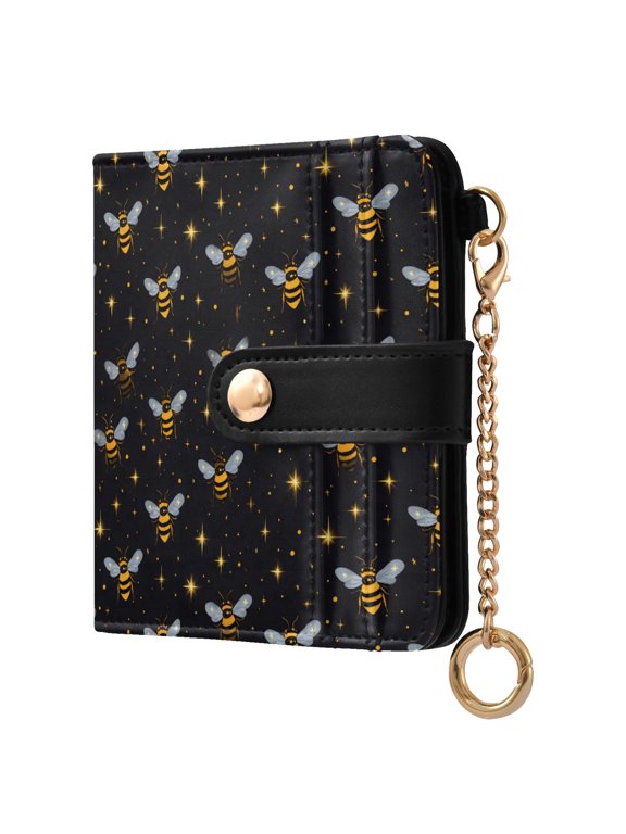 Bees Stars Small Wallet for Women RFID Blocking Bifold PU Leather Credit Card Holder with Zipper Coin Pocket Compact Cute Travel Purse Magnetic Snap 7 Card Slots