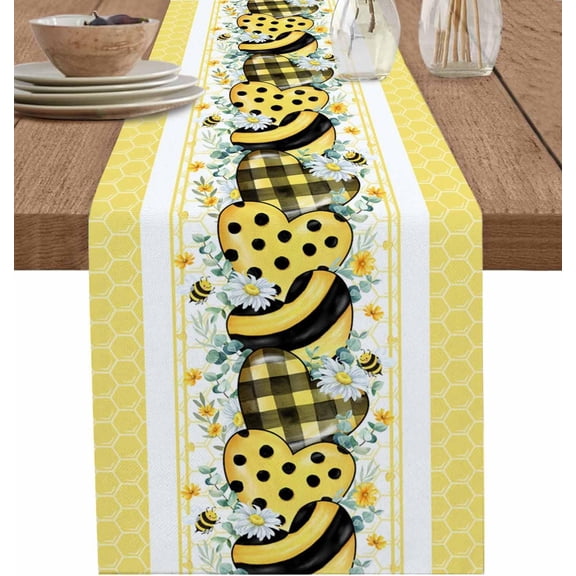 Bees Summer Table Runner Kitchen Dining Table Runners 72 Inches Long, Cotton Linens Washable Table Cloth Dresser Scarves for Party Wedding Birthday Holiday, 13" Wide Honey Stripes Yellow Tablerunners