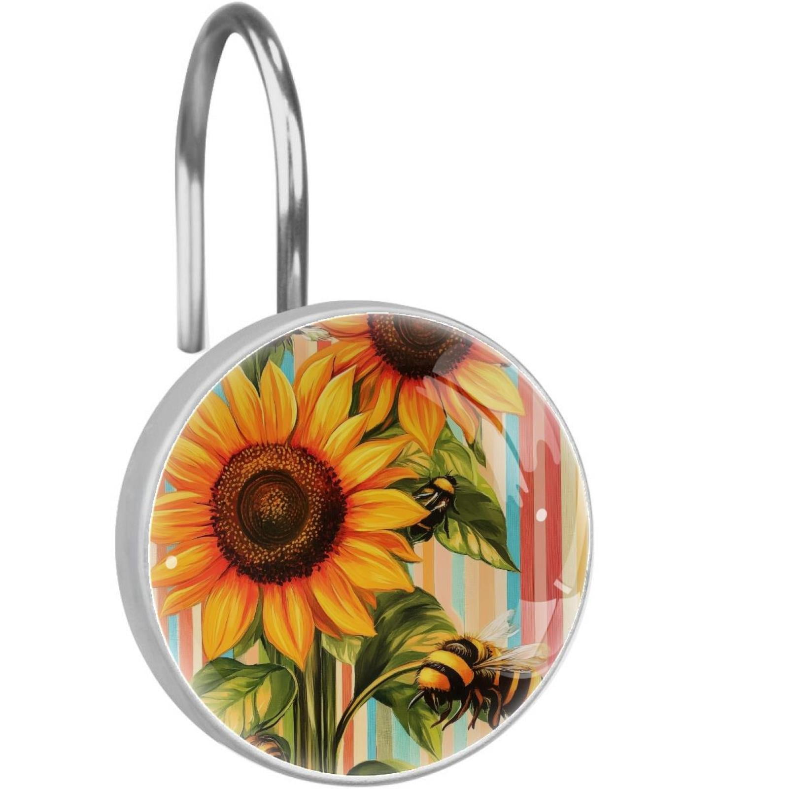 Bees Sunflower Colorful Stripes Shower Curtain Hooks Round Crystal Glass, Set of 12 Shower Curtain Rings - Shower Hooks for Curtain Shower Rings