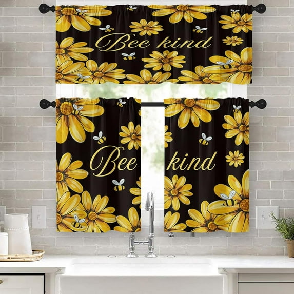Bees Sunflower Kitchen Window Curtains Valance and Tier Set 36 Inch, Summer Yellow Flower 3 Piece Set Short Curtains for Window Black Window Treatment Tiers for Living Room Bedroom
