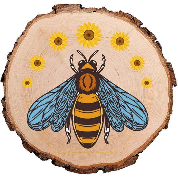 Bees Sunflower Printed Natural Round Wood Slices 4.3 Inch Circular Rustic Wooden Undrilled Pieces Tree Trunk Discs Log Coaster Art Decor Holiday Ornaments for Home Living Room