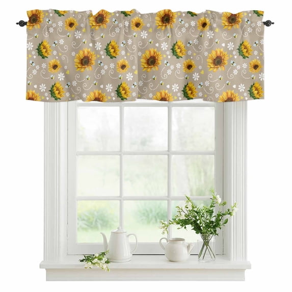 Bees Sunflower Valances for Windows, Rod Pocket Kitchen Valance Curtains - Soft & Washable Small Window Treatment for Living Room, Bathroom, Farmhouses Flower Khaki 54x18inch, 1 Panel