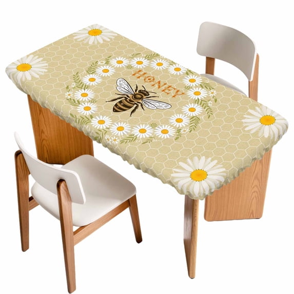 Bees Table Cloths for 4 Foot Rectangle Tables, Daisy Flowers Spring Summer Honey Floral Leaf Plant Patio Waterproof Elastic Fitted Tablecloths, Washable Rectangular Table Cover for Camping