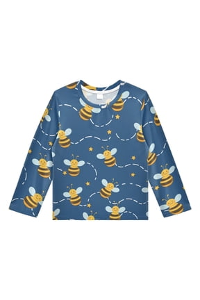 Bees White Dashed Stars Pattern Boys' Rash Guard Shirts UPF 50 Plus Sun Protection Short Sleeve Swim Tees 9-10T