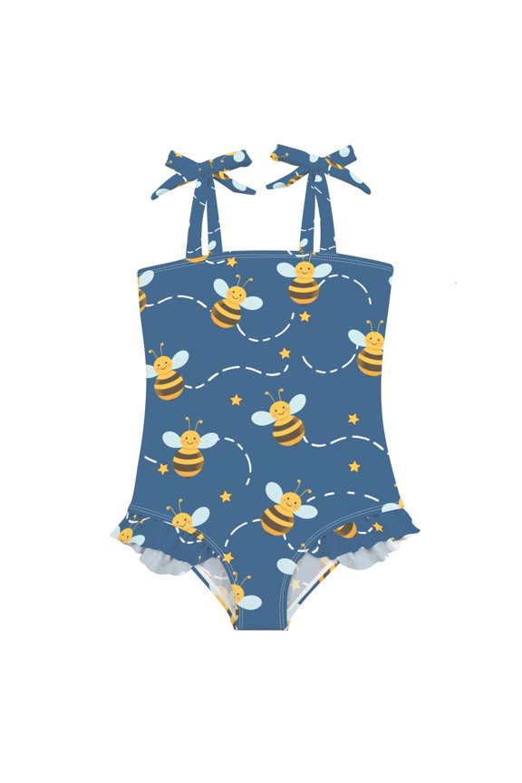 Bees White Dashed Stars Pattern Girls' One-Piece Swimsuit Bowknot Tie Shoulder Ruffled Stretchy Quick Dry