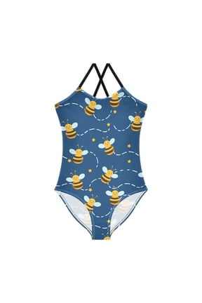 Bees White Dashed Stars Pattern Girls' One-Piece Swimwear 3T-10T Soft Stretchy for Beach Pool Water Park