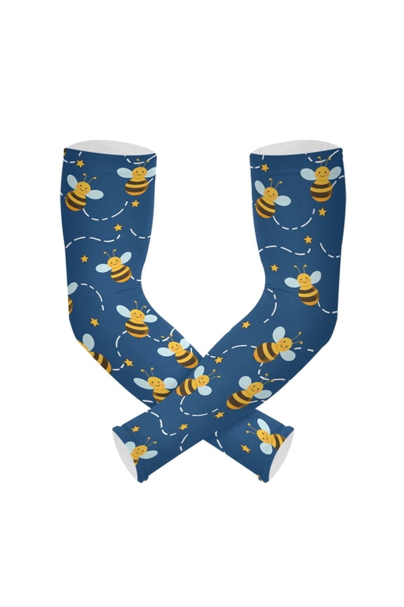 Bees White Dashed Stars Pattern UV Protection Cooling Arm Sleeves, Compression Sun Sleeves for Men Women Sports