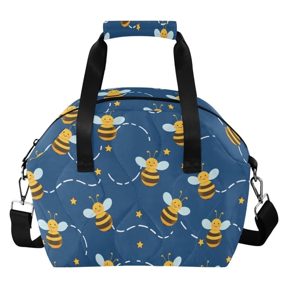 Bees White Dashed Stars Pattern Women Lunch Bag Quilted Insulated Water ...